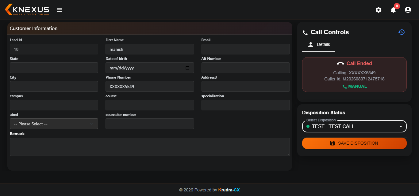 KRUDRA-CX Call Disposition Agent Panel screen