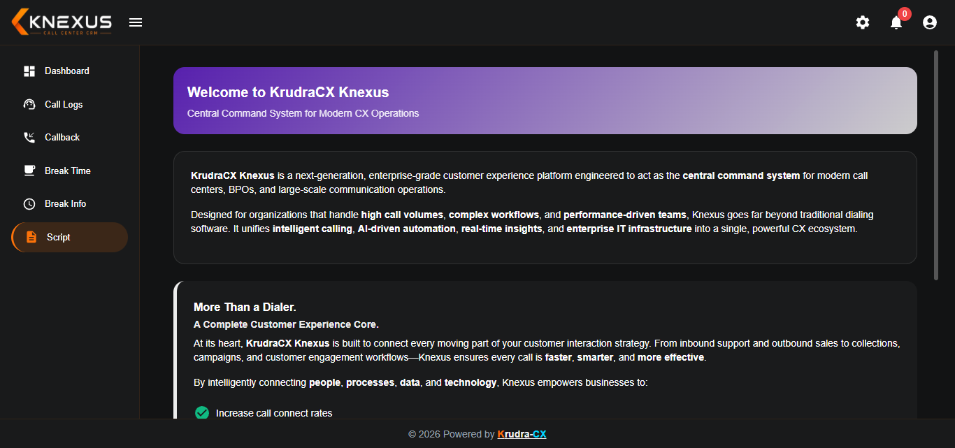 KRUDRA-CX Call Scripts Agent Panel screen