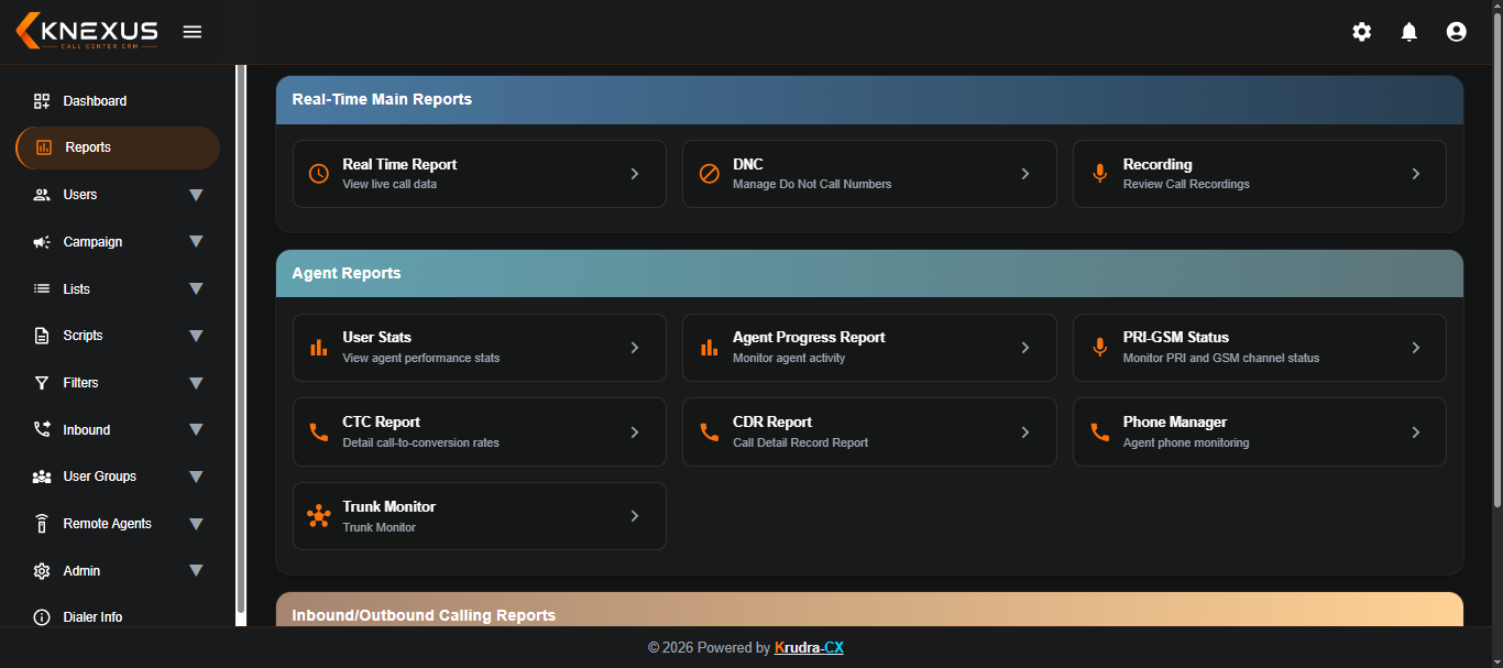 KRUDRA-CX Knexus CRM real-time reports